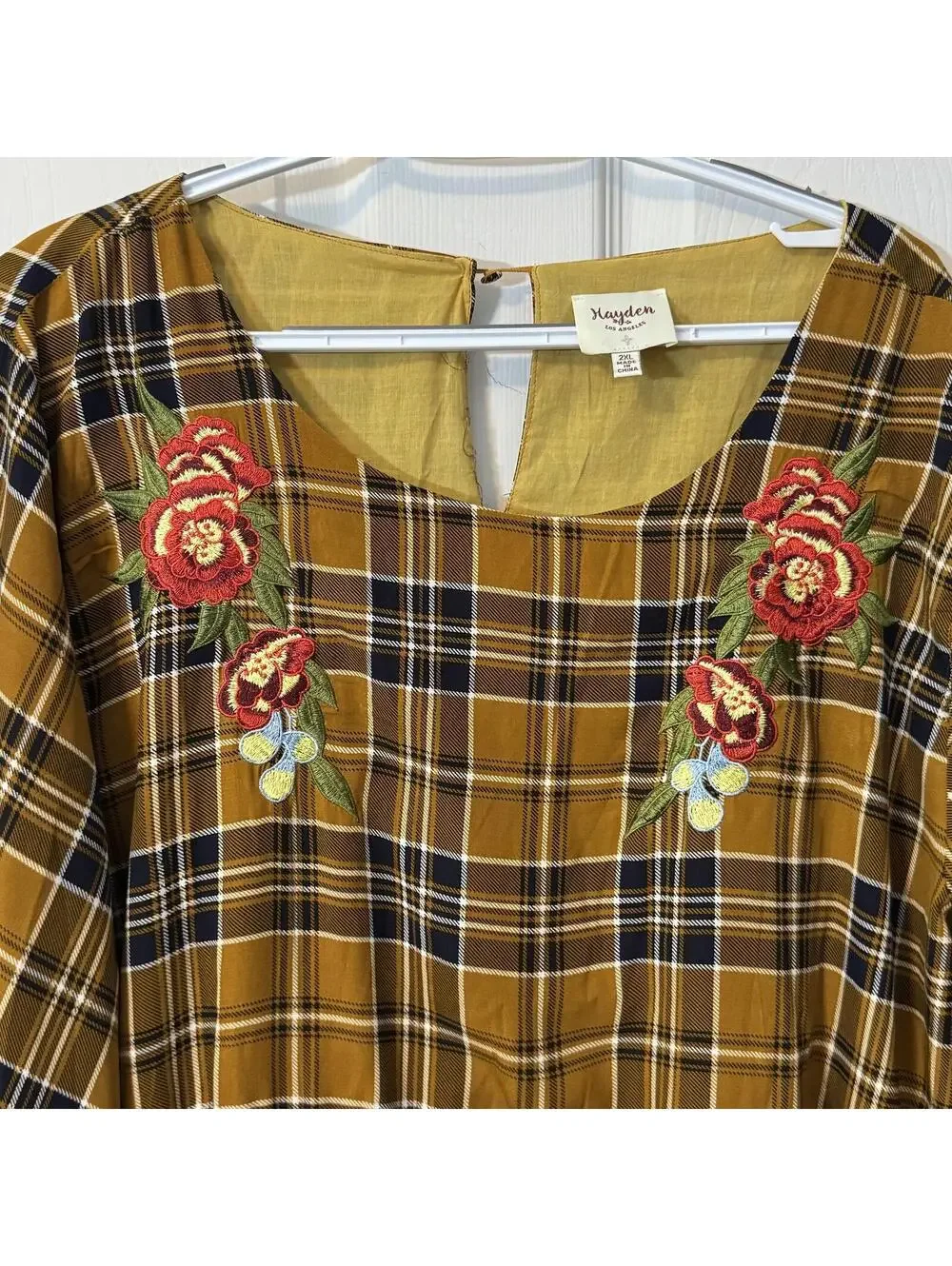 Hayden Mustard Plaid Dress with Floral Embroidery 2XL - Picture 3 of 6